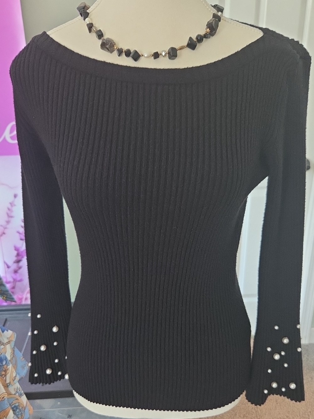VENUS Black Off-the-Shoulder Ribbed Sweater with Pearl Sleeve Accents NWOT